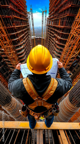 A construction worker wearing a hard hat and holding a blueprint photo