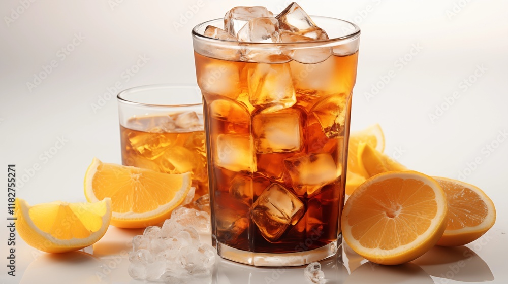 Close-up of iced Americano coffee layered with orange juice, ideal for creative drink promotions, studio view. Close-up of iced Americano coffee layered with orange juice, ideal for creative drink promotions, studio view.