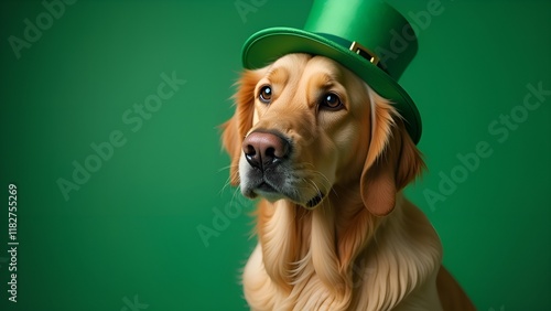 Portrait of Golden retriever dressed in St. Patrick's Day costume standing on green background, copy space  photo