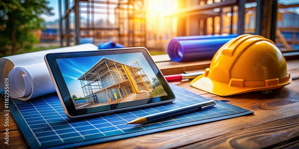 Obraz premium Construction Planning: Tablet, Tools & Blueprints with Bokeh Background