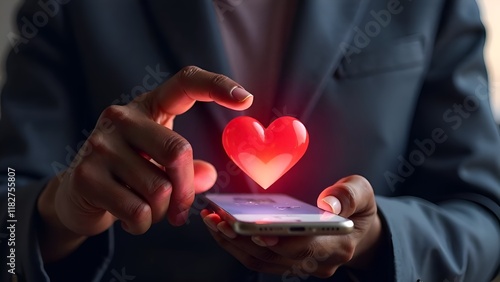 African American man Finger pushing screen in mobile smartphone application. above smartphone glowing red valentine icon. mood dating apps, long distance relationship