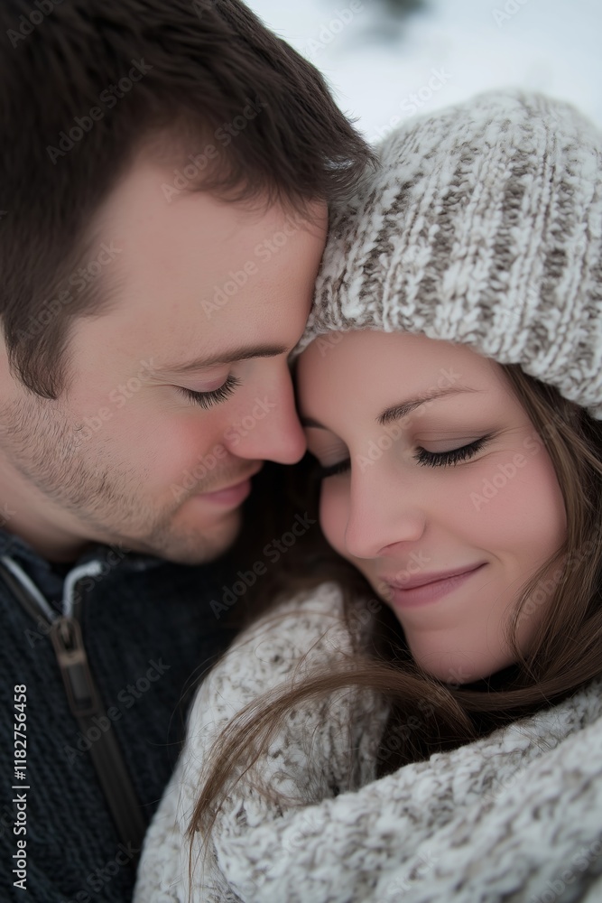 A cozy portrait of a couple sharing a warm embrace in a snowy winter setting, radiating love and warmth. A cozy portrait of a couple sharing a warm embrace in a snowy winter setting, radiating love and warmth.