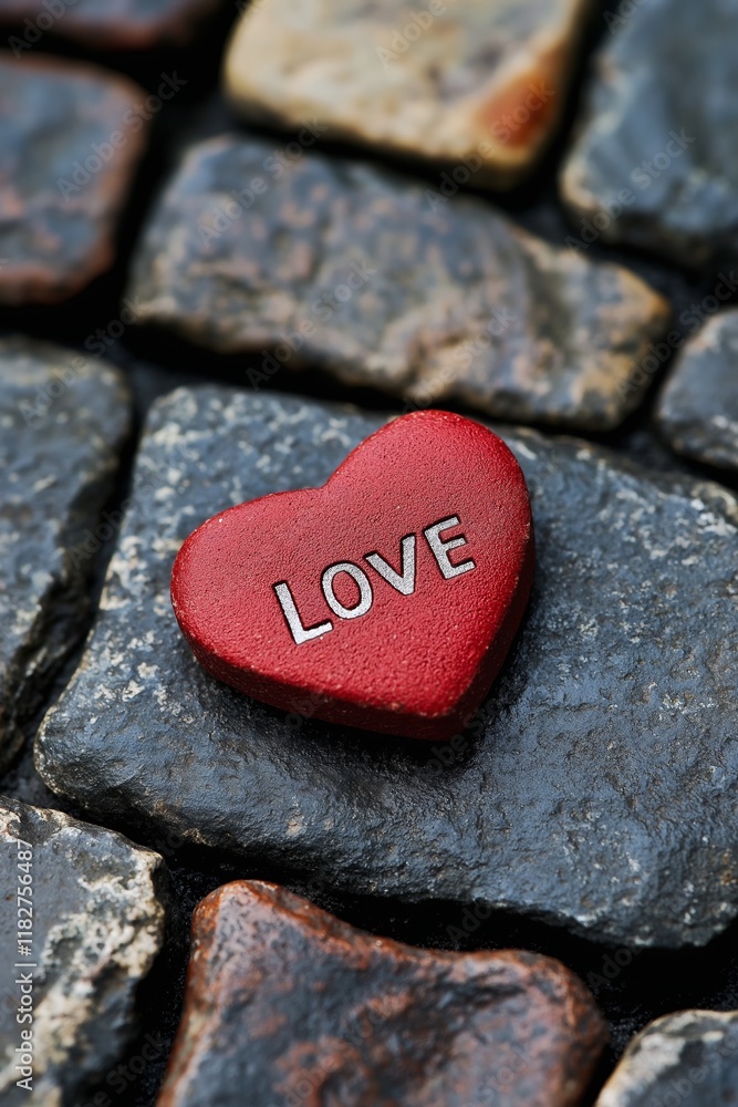 Obraz premium A striking red heart inscribed with 'LOVE' placed on textured stone, emphasizing romance.