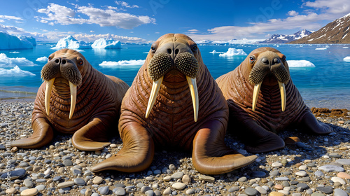 Three walrus sitting on a rocky beach next to the ocean