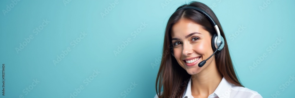 Professional customer service representative with headset on blue background Professional customer service representative with headset on blue background