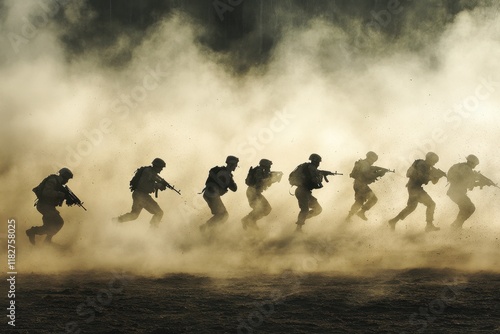 Soldiers engage in tactical maneuvers during military training exercise in a dusty open field