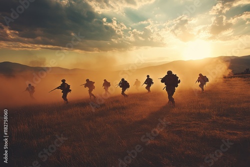 Soldiers engage in tactical maneuvers during military training exercise in a dusty open field