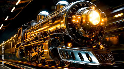 A steam locomotive is shown in a dark room photo