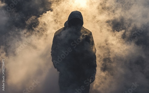 A shadowy dark figure of a man surrounded by smoke, evoking an ominous presence.