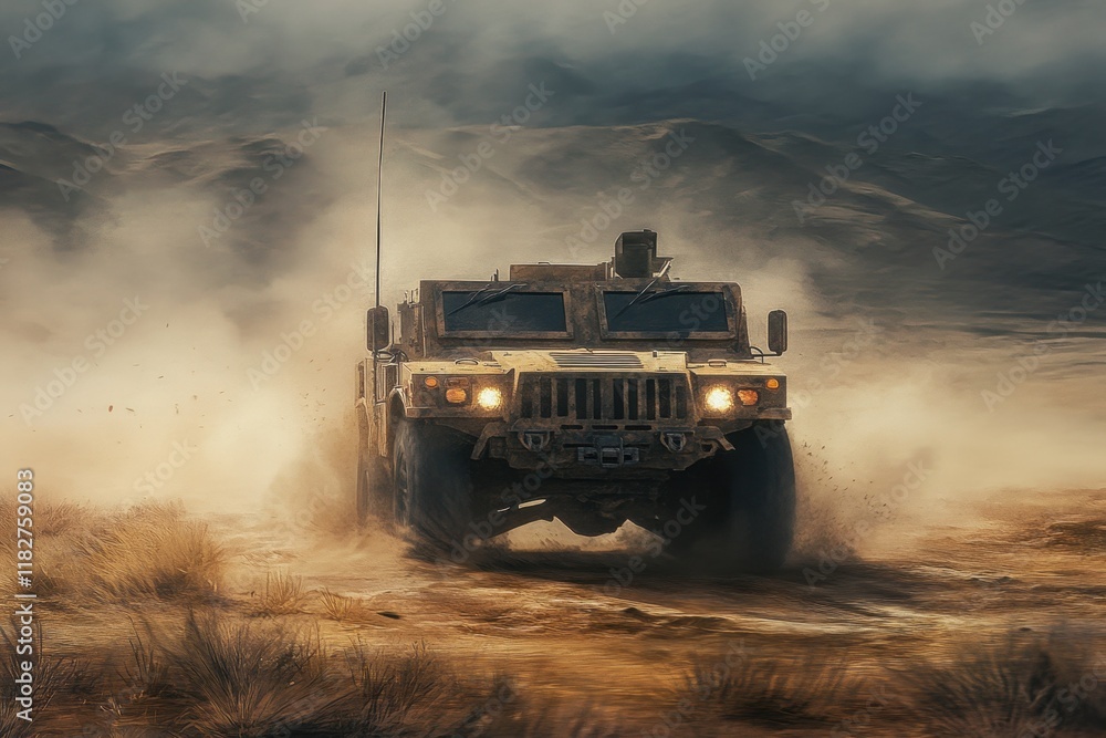 MRAP vehicle maneuvers through challenging terrain in a potentially hostile environment MRAP vehicle maneuvers through challenging terrain in a potentially hostile environment