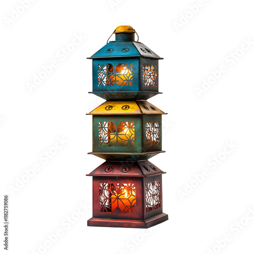 Colorful Lantern Tower Centerpiece with Bird Isolated on Transparent Background photo