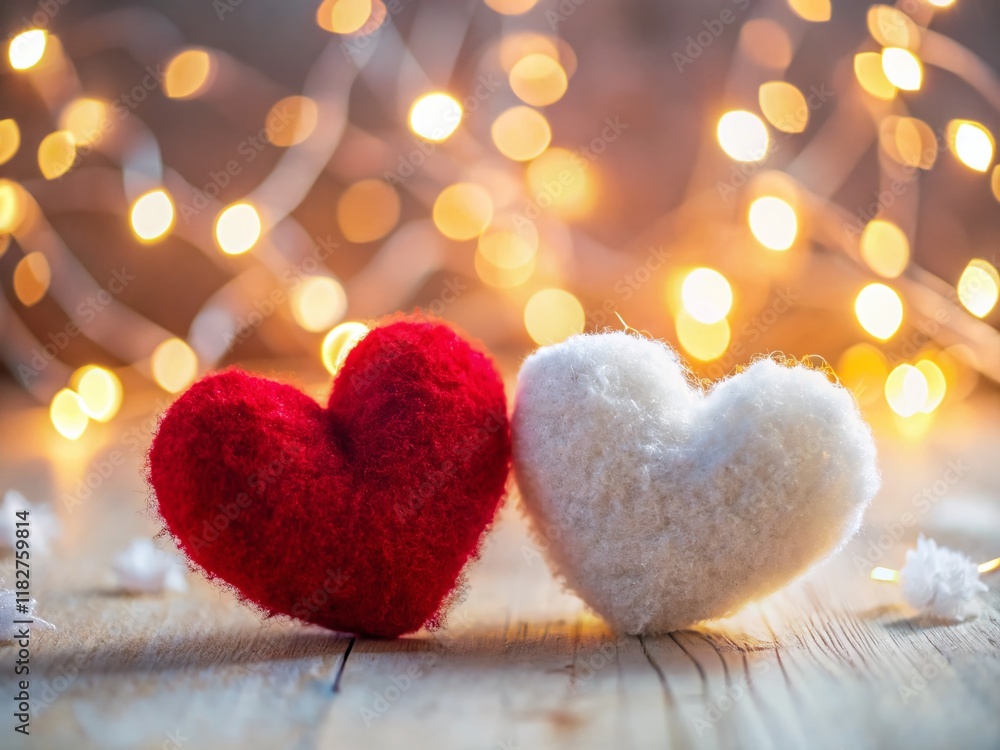 Cozy Valentine's Day Scene: Fuzzy Red & White Hearts with Bokeh Lights Cozy Valentine's Day Scene: Fuzzy Red & White Hearts with Bokeh Lights