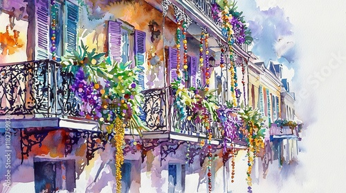Mardi Gras Watercolor Illustration of a French Quarter Street with Colorful Balconies and Festival Decorations
