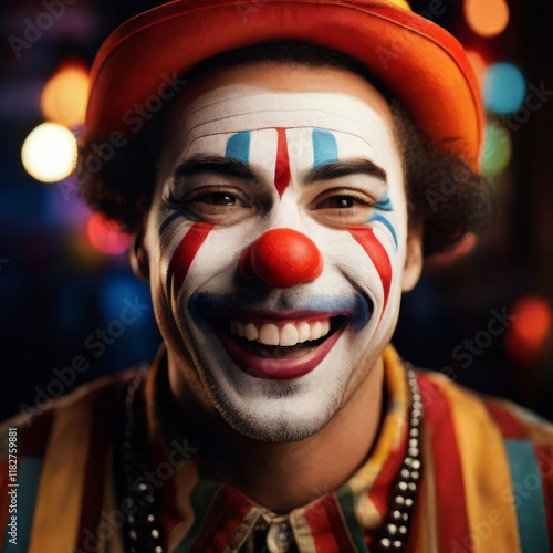 a clown who is smiling and his mouth is open and his teeth are shining