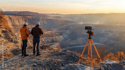 Surveyors collect data to map mining sites in a rugged landscape during overcast conditions