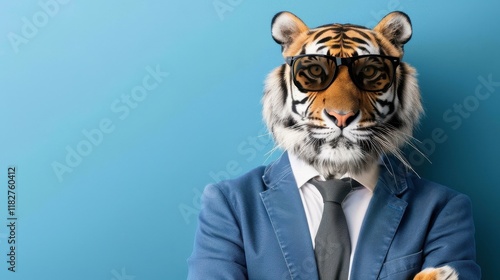 A stylish tiger dons a jazzy jacket and tie, rocking sunglasses against a plain backdrop, posing like a true supermodel. photo