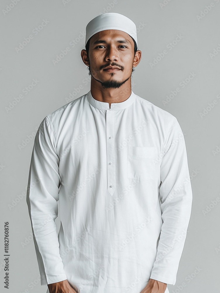a handsome young Indonesian man wearing a long white Muslim dress with various expressions and a traditional head covering on his head, mockup style a handsome young Indonesian man wearing a long white Muslim dress with various expressions and a traditional head covering on his head, mockup style