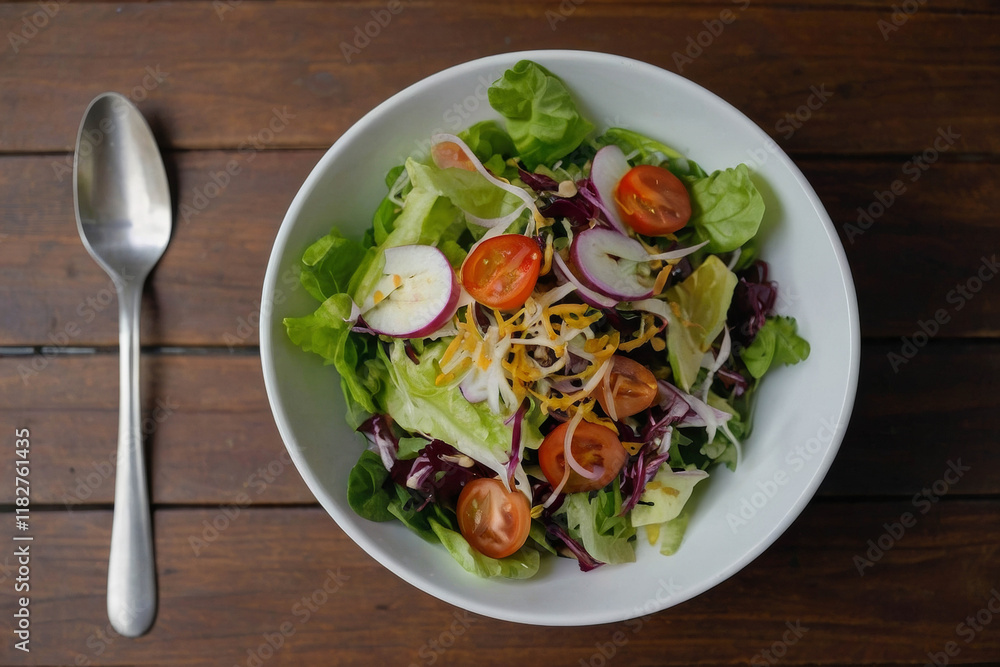 a top view from a salad on a white bowl on brown table a top view from a salad on a white bowl on brown table
