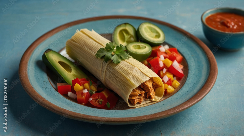a traditional chicken tamales with veggies, sauce, with soft light powder blue background a traditional chicken tamales with veggies, sauce, with soft light powder blue background