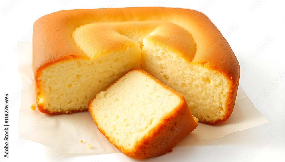 Close-up of a freshly sliced cake, showcasing its light golden-yellow color and moist texture. Close-up of a freshly sliced cake, showcasing its light golden-yellow color and moist texture.