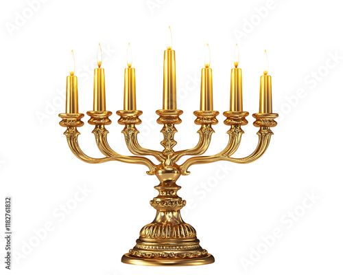 Golden menorah with lit candles, isolated on transparent or white background. photo