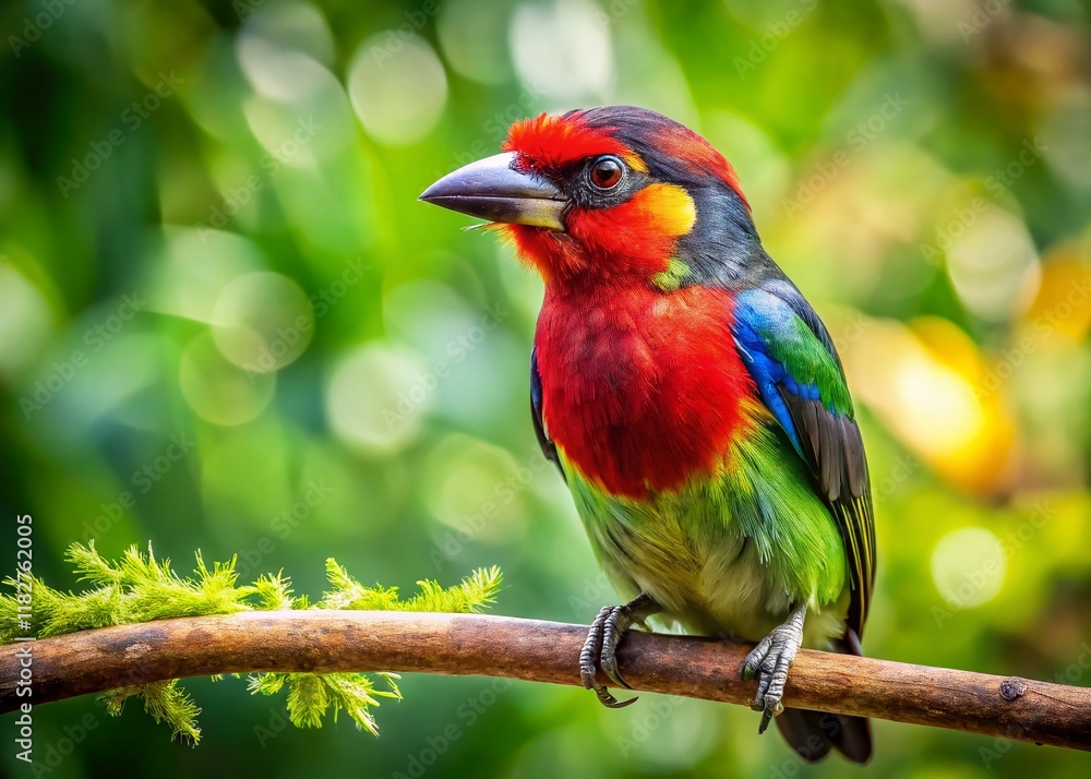 Crimson-breasted Barbet Bird on Branch, Bokeh Background, Wildlife Photography Crimson-breasted Barbet Bird on Branch, Bokeh Background, Wildlife Photography