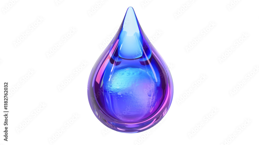 A unique drop of blue and purple oil with fluid holographic iridescent effects rendered in 3D on a white background A unique drop of blue and purple oil with fluid holographic iridescent effects rendered in 3D on a white background