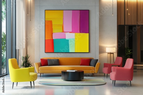 Modern hotel lobby featuring vibrant artwork and contemporary furniture in a minimalist design for a welcoming atmosphere