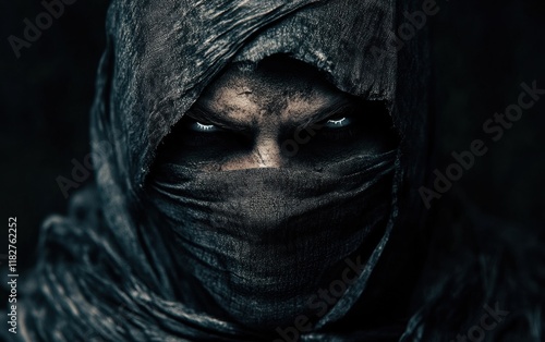 A stealthy NPC character with a covered face close-up, blending into shadows in an action adventure video game. photo