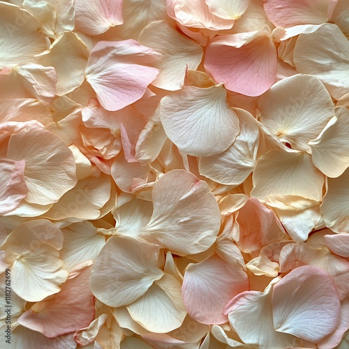 Soft Pastel Rose Petals Scattered Elegantly Across a Surface, Creating a Serene and Romantic Ambiance Ideal for Decorations or Special Events