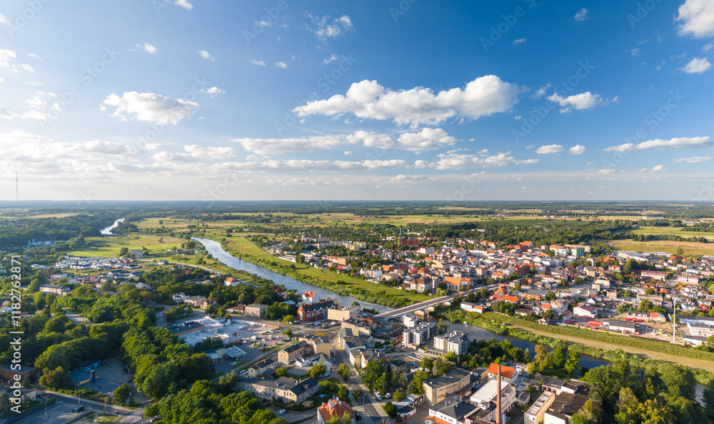 Summer aerial skyline cityscape of Śrem, Wielkopolska, Poland. Wide landscape panorama