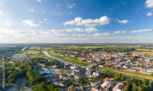 Obraz na płótnie Summer aerial skyline cityscape of Śrem, Wielkopolska, Poland. Wide landscape panorama w salonie