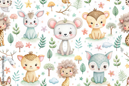 Fototapeta Naklejka Na Ścianę i Meble -  Adorable watercolor baby animals seamless pattern.