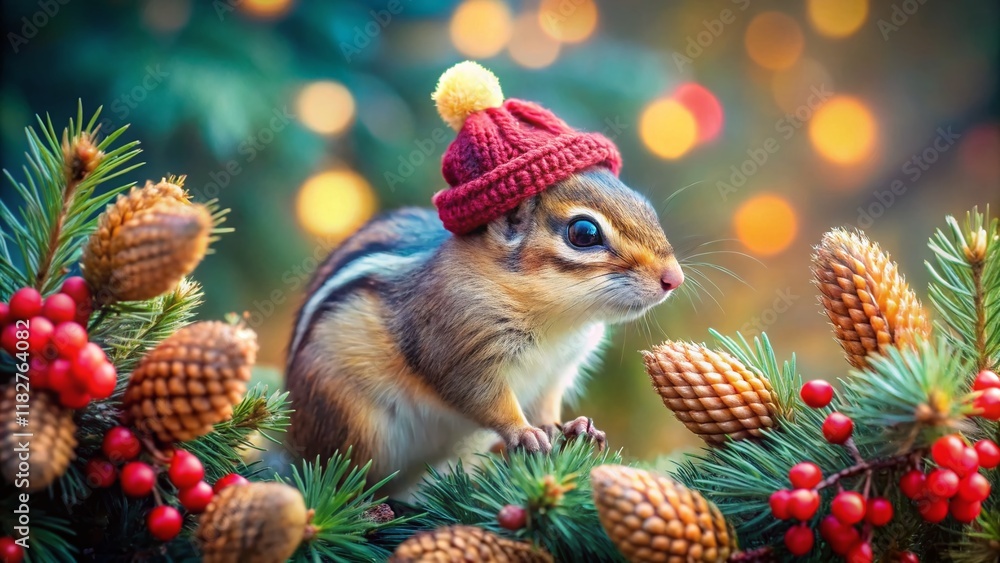 Obraz premium Cute Chipmunk in Beanie with Pinecones & Festive Branches - Winter Panoramic Stock Photo