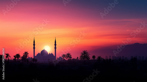 Clean and simple Ramadan illustration with a white silhouette of a mosque against a warm, pastel sunset sky, invoking a sense of spirituality and peace.
