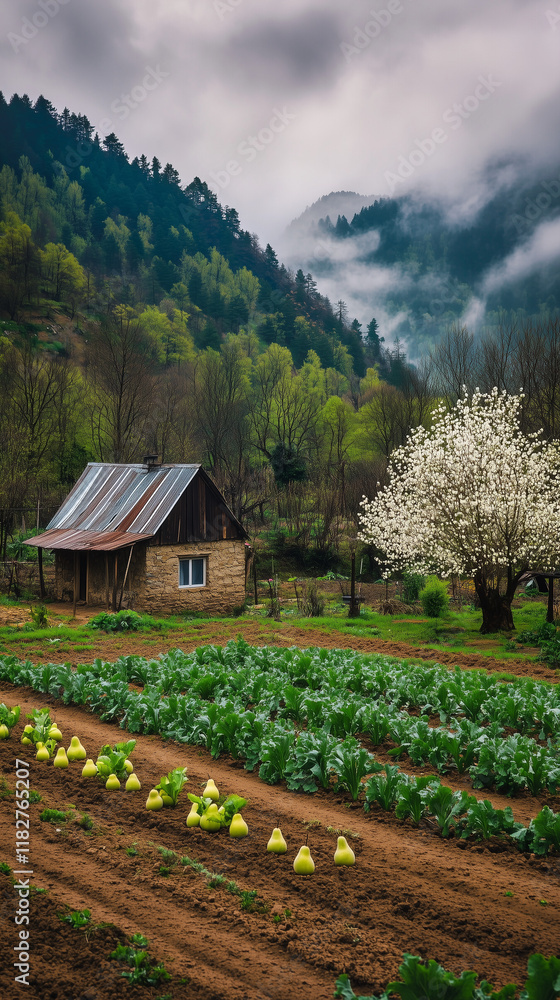 Spring Vegetable Garden with Pear Tree and Mountains in the Background Spring Vegetable Garden with Pear Tree and Mountains in the Background