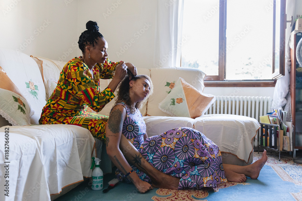 custom made wallpaper toronto digitalMother braiding daughter's hair in the living room