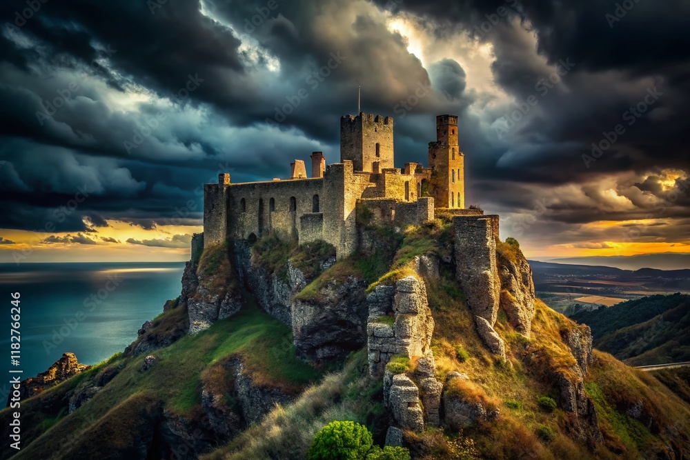 Dark Fantasy Medieval Castle Dramatic Shadowy Landscape Stock Photo Dark Fantasy Medieval Castle Dramatic Shadowy Landscape Stock Photo
