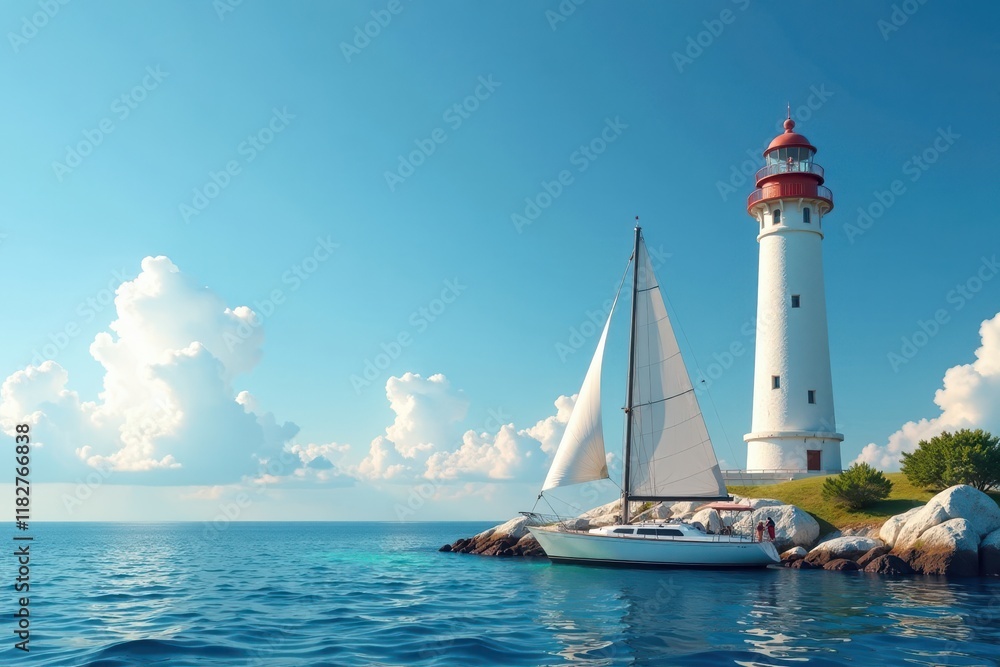 Lighthouse with a sailboat docked at its base, anchor, sunset, beach Lighthouse with a sailboat docked at its base, anchor, sunset, beach