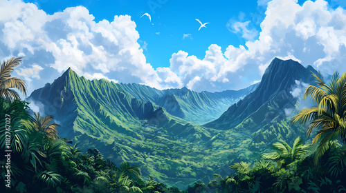 Majestic koolau mountain range on oahu's lush windward coast, hawaii, with misty clouds and verdant tropical foliage under a bright blue sky. Windshard. Illustration photo