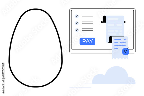 Receipt with checklist, pen and pay button on screen next to an egg-shaped object and abstract cloud. Ideal for finance, online payment, billing, digital transactions, accounting, cloud services