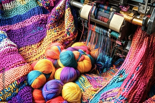 Knitting machine is busily weaving together colorful yarn, creating a vibrant and textured fabric, surrounded by balls of yarn in a rainbow of colors photo