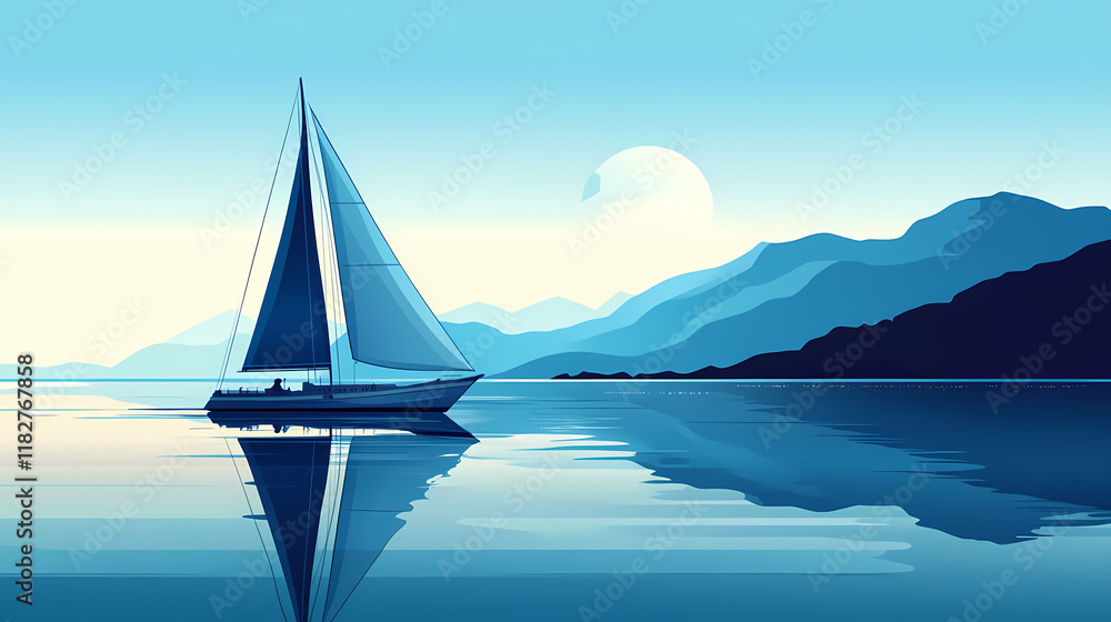 Obraz premium Sailboat sailing on calm blue waters. Windshard. Illustration