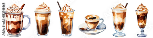 Hot and cold coffee beverage. Different types of drinks set. Hand drawn painting in watercolor style isolated on white background. Vector illustration