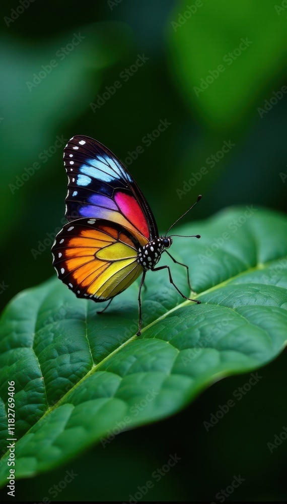 A single brightly colored butterfly on a leaf with intricate veins , colorful butterflies spring leaves, floral patterns, nature A single brightly colored butterfly on a leaf with intricate veins , colorful butterflies spring leaves, floral patterns, nature