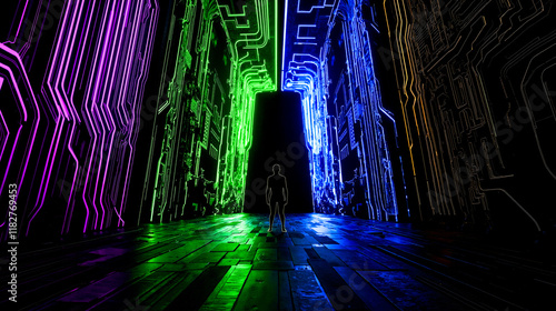 A person standing in the middle of a dark tunnel with neon lights photo