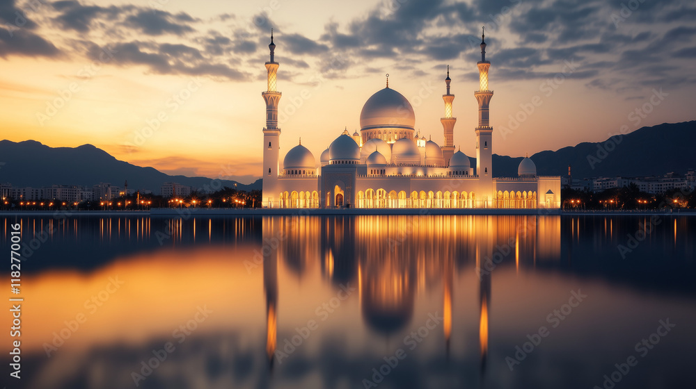 Fototapeta premium photorealistic Islamic mosque, The background sky has a gradient from night, with small clouds scattered around. there is lighting and spotlight the mosque