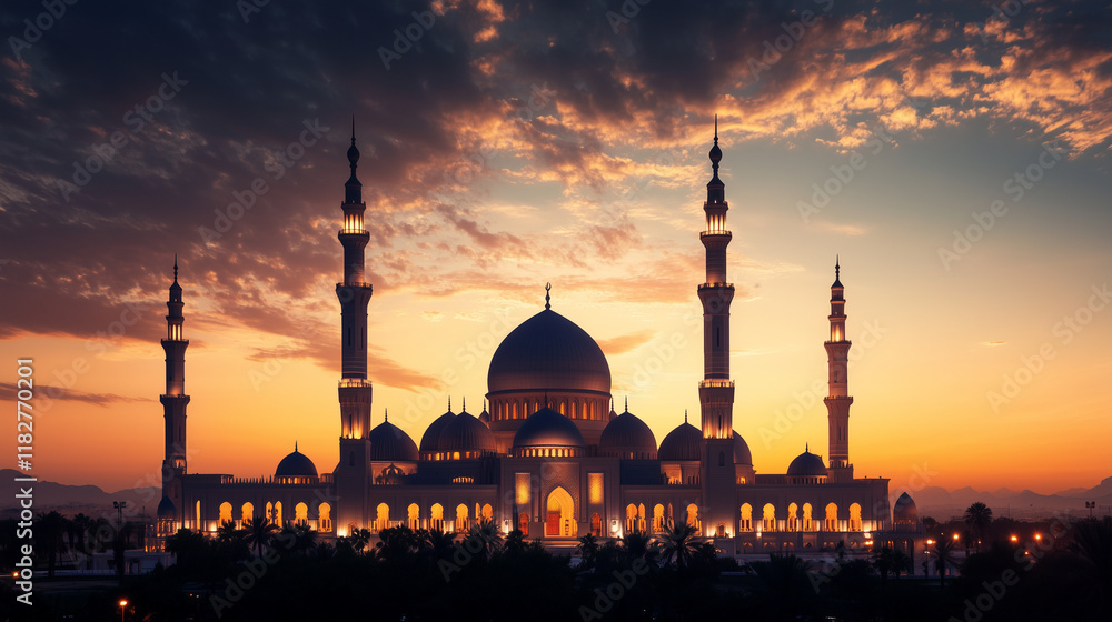 Fototapeta premium photorealistic Islamic mosque, The background sky has a gradient from night, with small clouds scattered around. there is lighting and spotlight the mosque