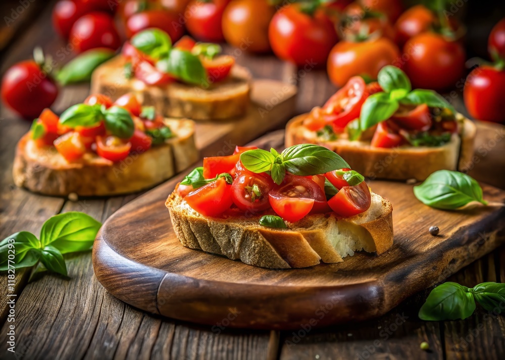 Delicious Bruschetta with Tomatoes and Basil - Low Light Photography Stock Photo Delicious Bruschetta with Tomatoes and Basil - Low Light Photography Stock Photo