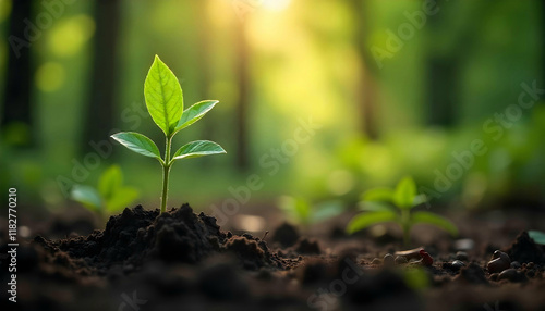The style is candid image photography with natural textures and highly realistic light, editorial, A slender young green plant breaking through dark soil, with a softly blurred forest background fille